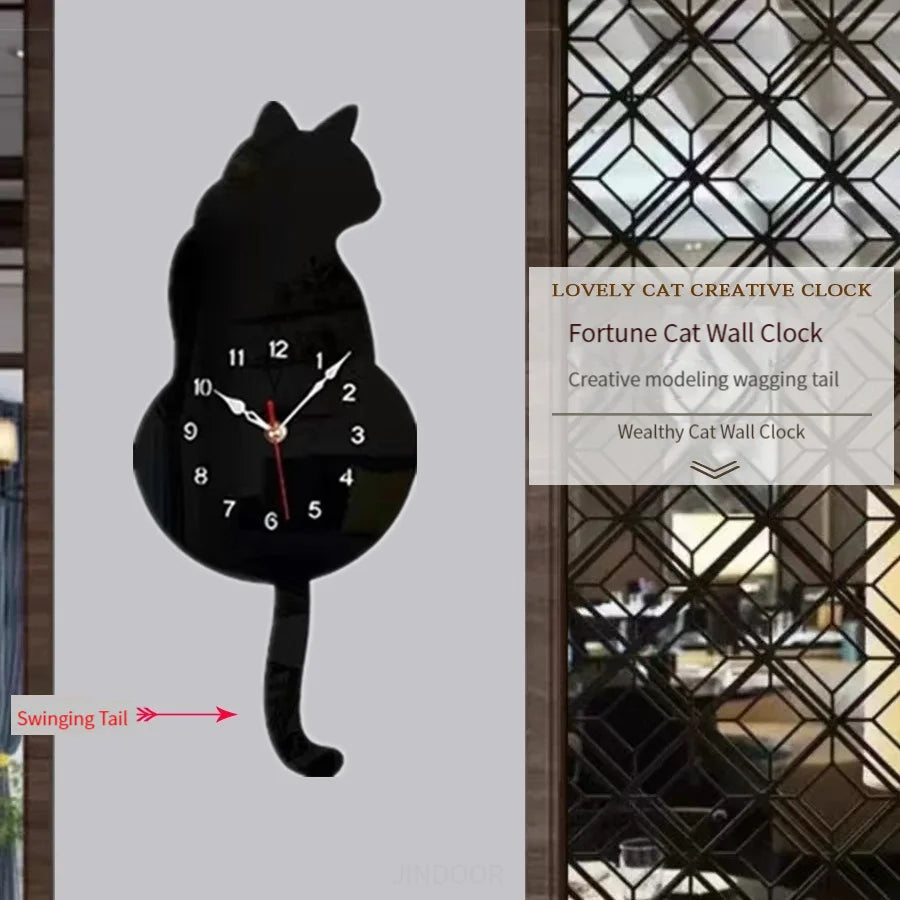 Swinging Cat Wall Clock Modern Simple Wagging Tail Creative Silent Home Decoration Clock Living Room Home Pendulum Clock-Black