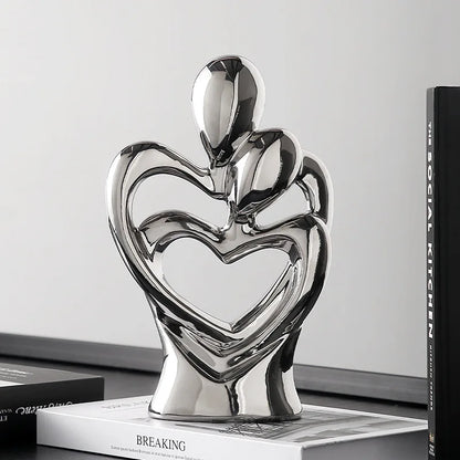 Silver Heart In Heart Sculpture Abstract Ceramic Electroplating Lover Figure Hug People Statue Bust Wedding Gift Home Decoration