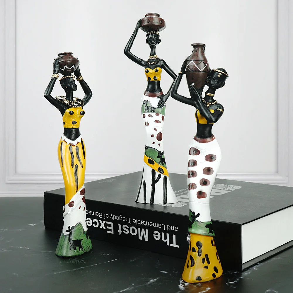 3PCS/Set Resin African Woman Figurines for Interior Black Figure Statue Exotic Ornaments for Home Luxury Living Room Decorations