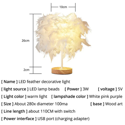 Warm Small Feather Table Lamp LED DC 5V USB Romantic Creative for Wedding Decoration Night Light Girl Bedroom Bedside Atmosphere