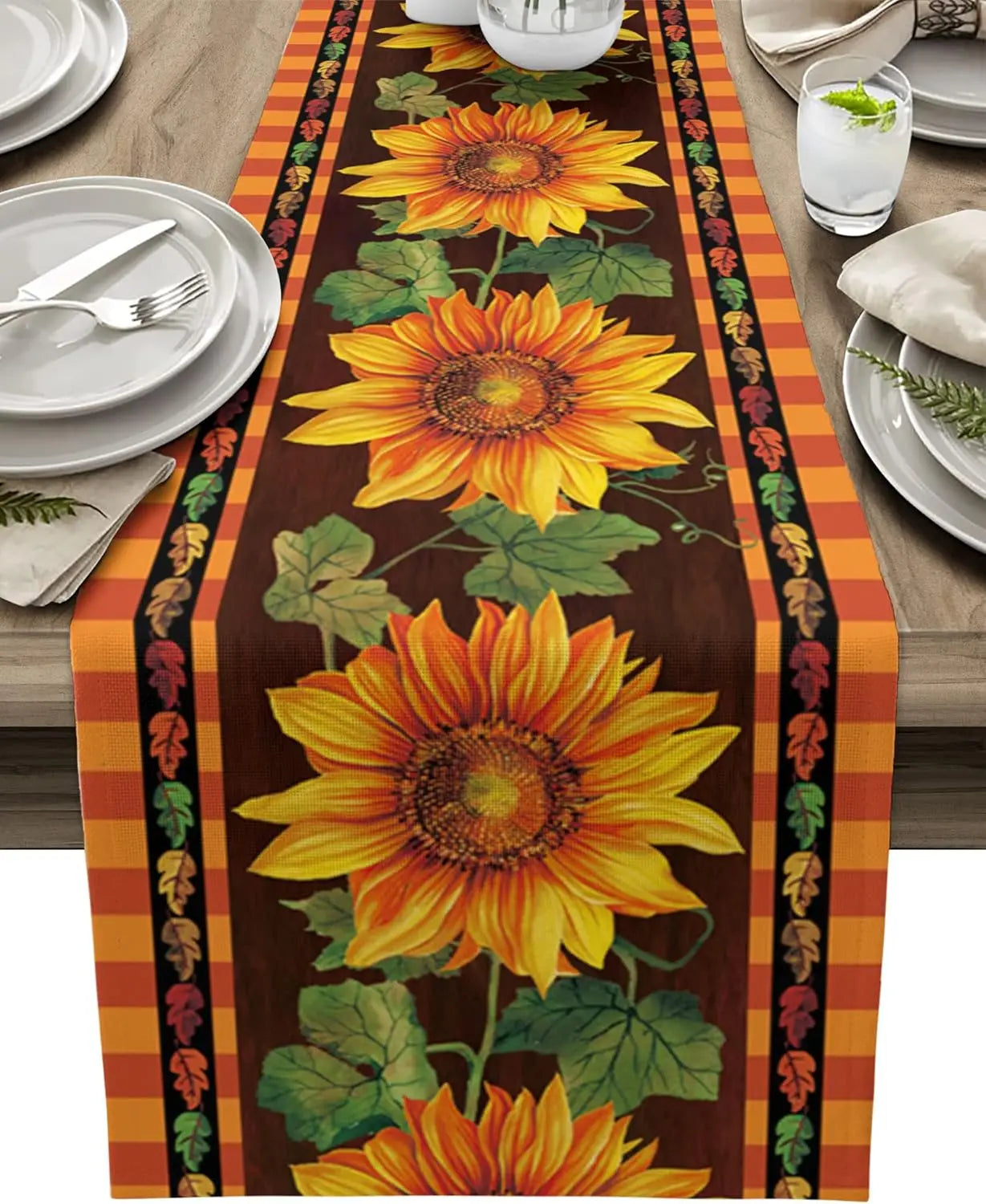 Autumn Sunflower Buffalo Plaid Linen Table Runner Fall Leaves Orange Dresser Scarf for Holiday Wedding Party Kitchen Table Decor