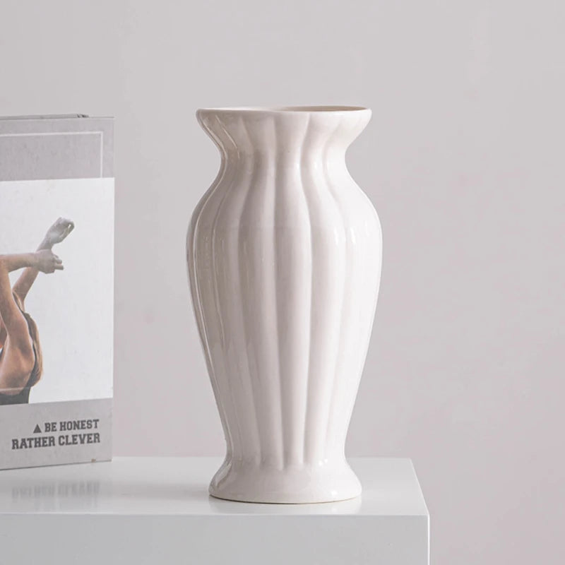 White Nordic Large Mouth Minimalist Ceramic Decorative Dry Flower Vases Living Room Flower Arrangement Tabletop Decorations