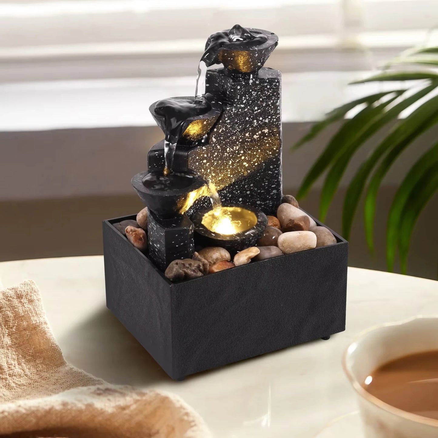 abletop Waterfall Home Decor Relaxation Meditation Desktop Fountain with Soft Lights Flowing Water Ornaments