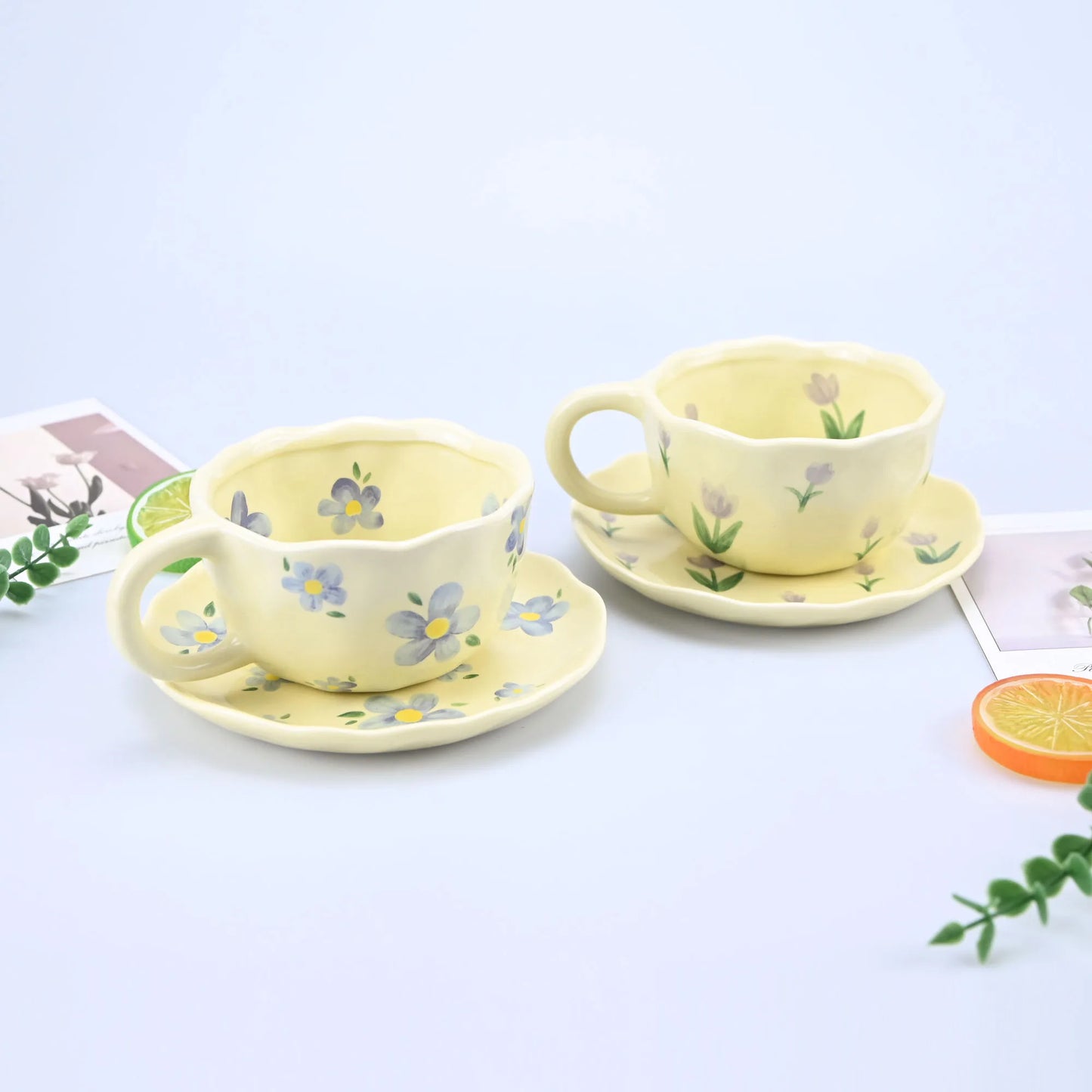2PCS/Set High-end Coffee Cups And Saucers, High-value Ceramic Mugs, Business-style Latte Art Coffee Cups, Hand-pinched Cups