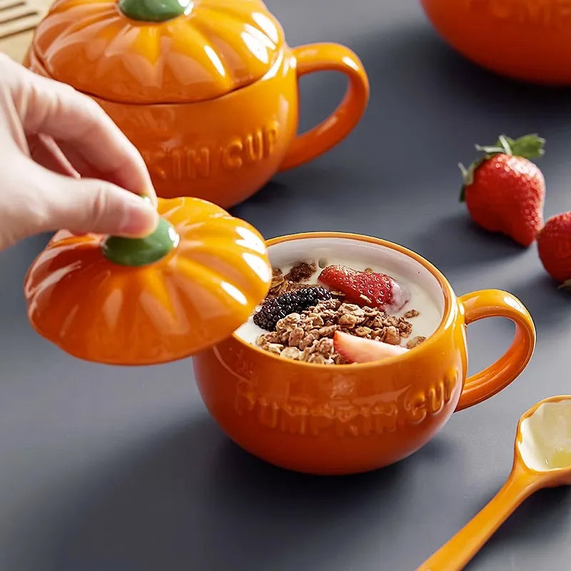 300/450ML Halloween Pumpkin Shaped Ceramic Cup With Spoon Kawaii Soup Mug With Lid  Oatmeal Cup Creative Water Cup