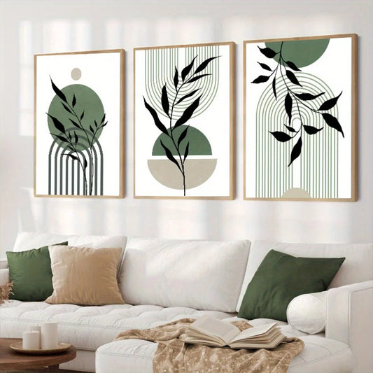 3pcs Sage Green Boho Wall Art Green Black Beige Abstract Mid-Century Poster Modern Botanical Living Room Bedroom Wall Decoration