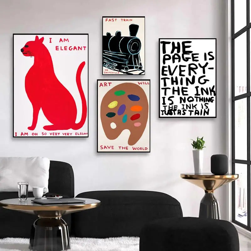 David Shrigley Rabbit Cat Wine Biscuit Train Wall Art Abstract Prints Canvas Painting Nordic Poster Pictures Living Room Decor