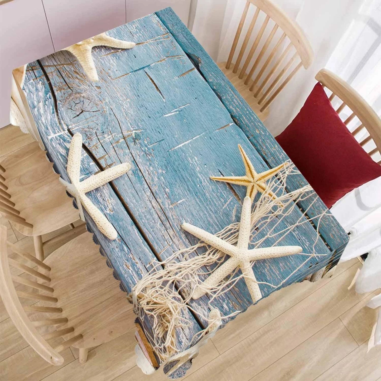 Beach Starfish Seashell Fishnet Rectangle Tablecloth Party Decor Rustic Wood Grain Waterproof Table Cloth for Dining Table Decor