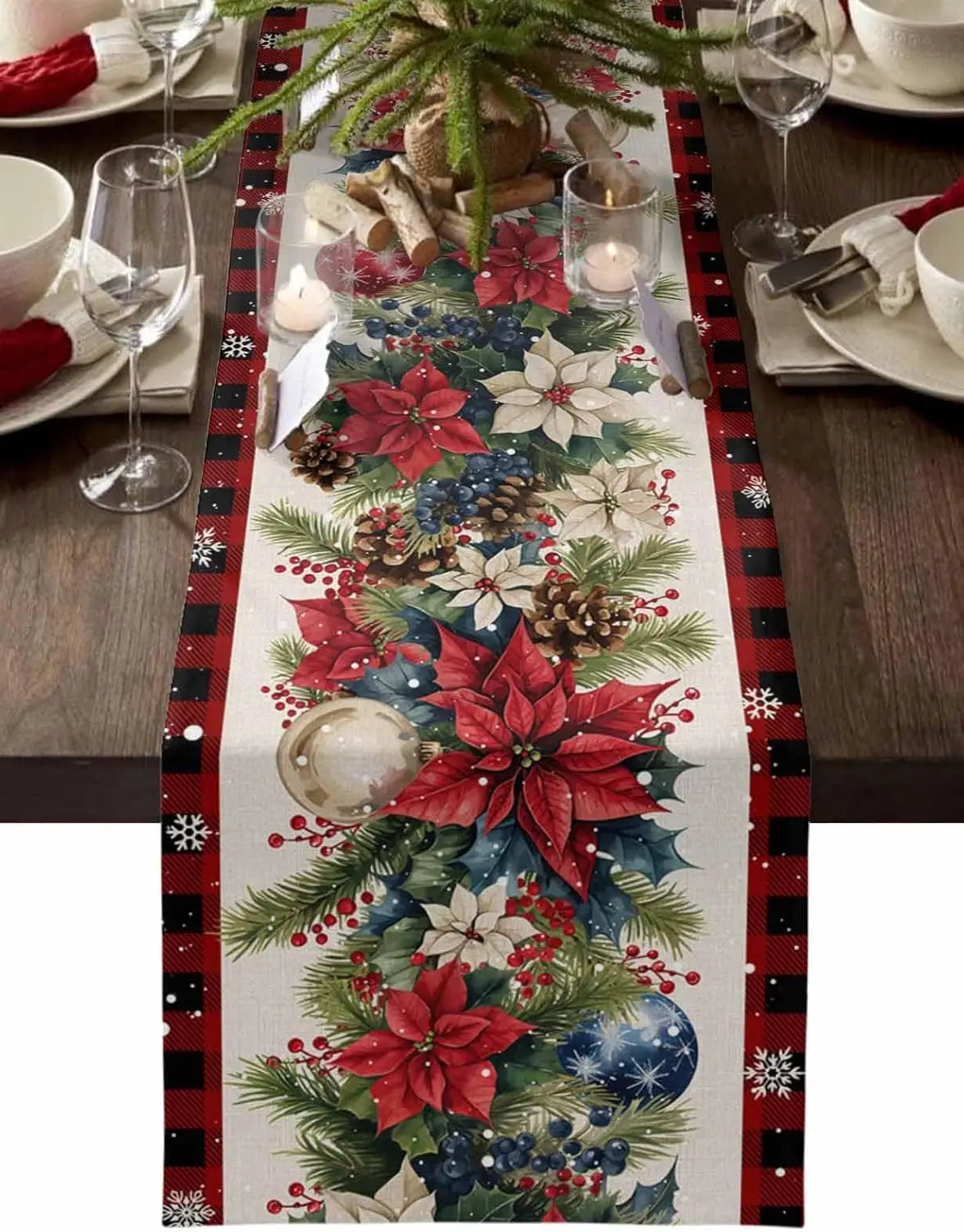 Christmas Poinsettia Flower Blue Balls Linen Table Runner Party Decor Winter Xmas Botanical Table Runners Christmas Decorations