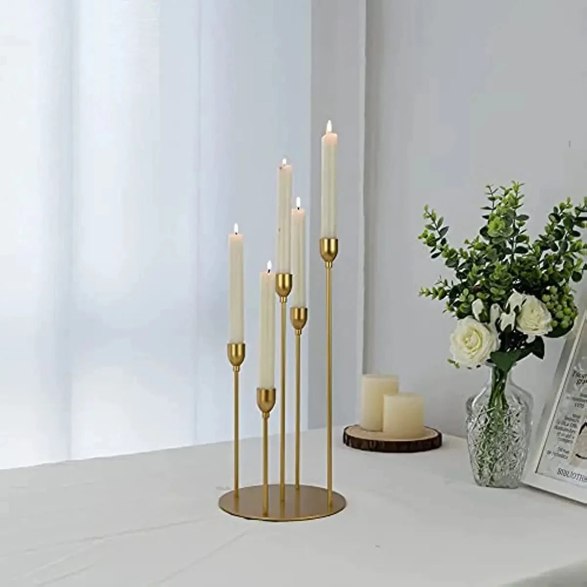 Gold 5 Arms Candelabra Taper Candle Holders for Table Centerpieces, Metal Candlestick Holder for Wedding Christmas Party Decor
