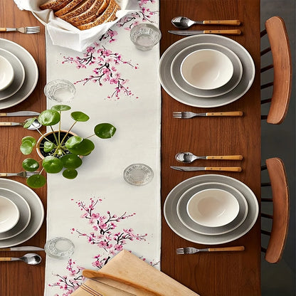 Spring Cherry Blossom Printed Linen Table Runner Holiday Party Decor Summer Pink Sakura Tree Table Runners Dining Table Decor