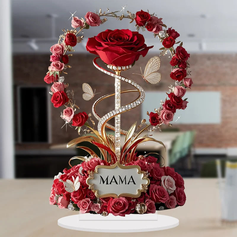 2D Acrylic Ornament Red Rose MOM Pattern Roses Mother Flat Elegant Desk Decora Filial Child to Mother Gifts