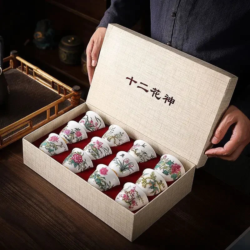 Kung Fu Tea Cup Twelve Flower Gods Set Enamel Pastel Ceramics 12 Pieces Gift Box Host’s Ceramics & Pottery Chinese Teaware Bar