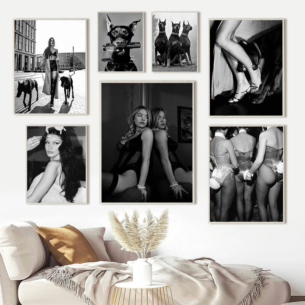 Black White Fashion Girl Dog Poster Print Sexy Woman Wall Art Canvas Printing Nordic Toy Pistol Picture Living Room Home Decor