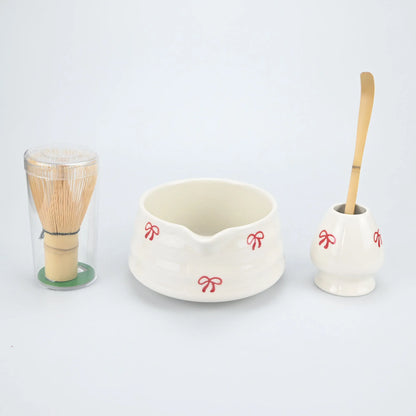 4/5pcs Matcha Whisk Set, Cute Bow Japanese Tea Set includes Whisk Sets and Matcha Bowl with Spout, Traditional Japanese Matcha K