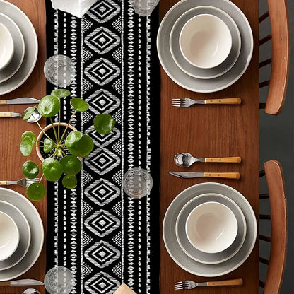 Boho Black White Printed Linen Table Runner Dresser Scarf Decor Modern Geometric Abstract Table Runners Holiday Home Party Decor