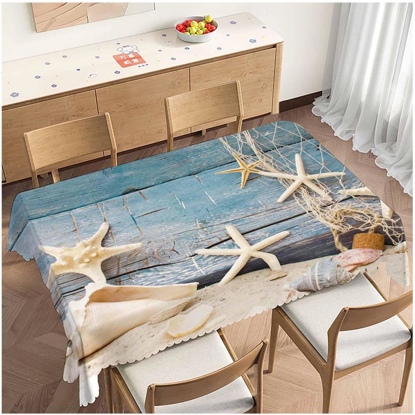 Beach Starfish Seashell Fishnet Rectangle Tablecloth Party Decor Rustic Wood Grain Waterproof Table Cloth for Dining Table Decor