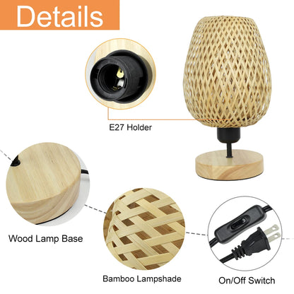 Depuley LED Bedside Table Lamp Solid Wood Base Rattan Bamboo Lampshade Minimalist Nightstand Desk Lamp for Bedroom Living Room
