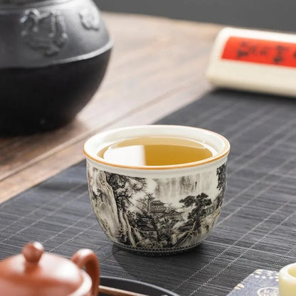 65ML Ru Kiln Ink Landscape Round Tripod Teacup, Personal High end Master's Cup, Single Cup, Opening, Nourishing Ceramic Tea Cup