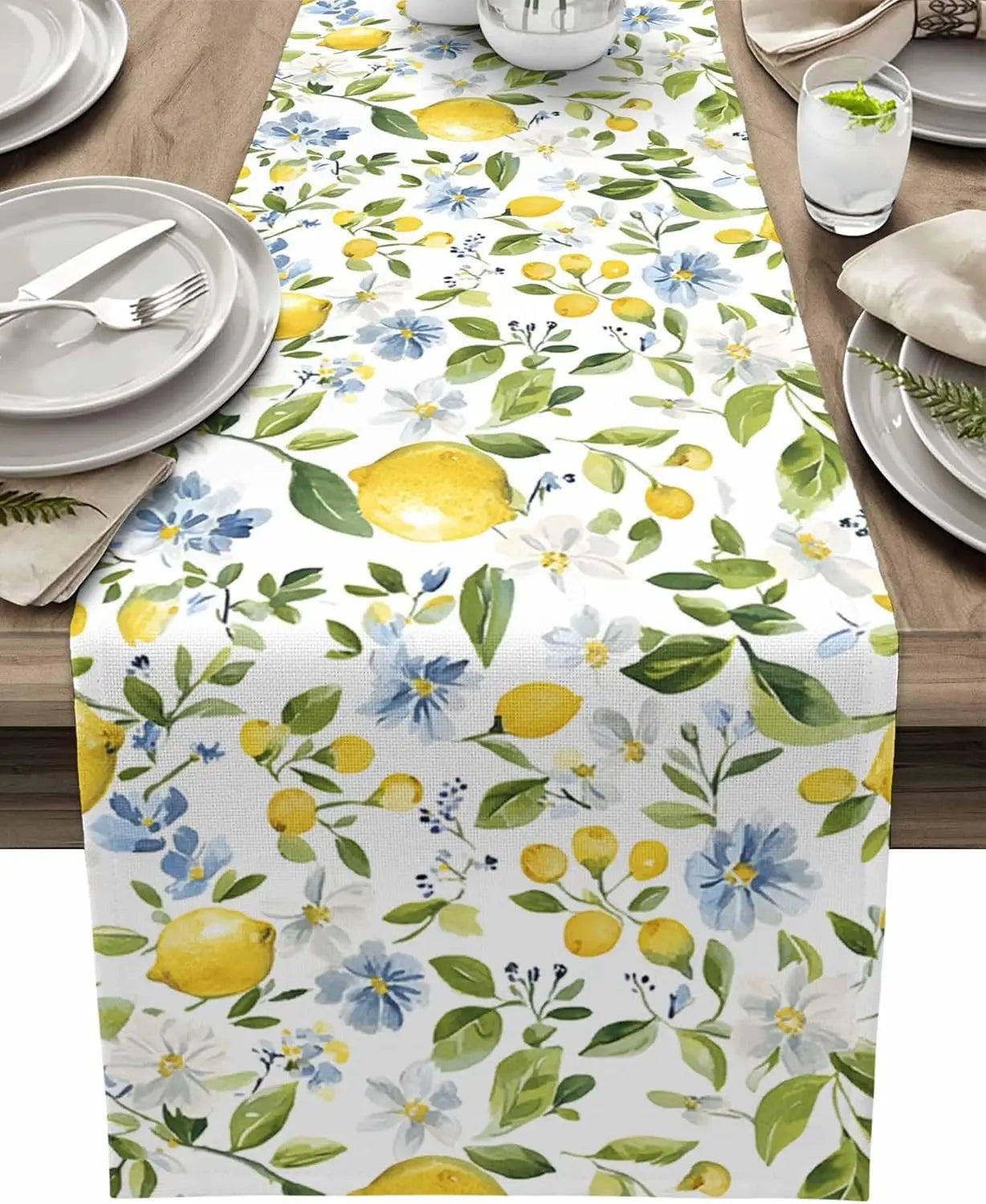 Summer Yellow Lemon Blue Flowers Linen Table Runner Holiday Party Decor Farmhoue Kitchen Dining Table Runners Wedding Decoration