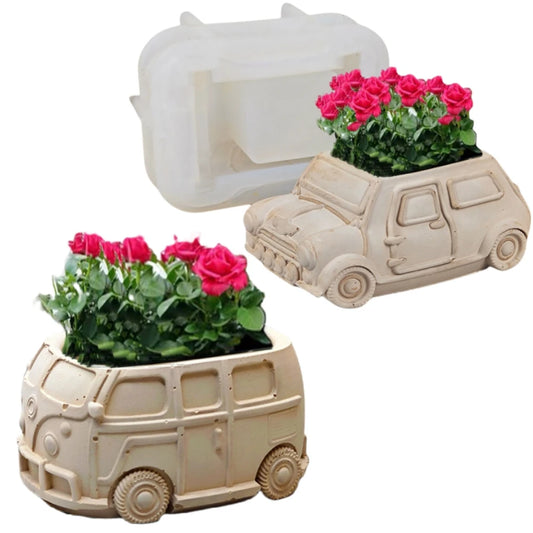Pot de fleurs de plantes succulentes de voiture 3D, moule en résine de silicone, boîte de rangement de voiture de dessin animé mignon, tasse de bougie, moule en silicone de gypse en béton