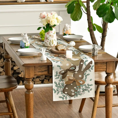 Happy Easter Eucalyptus Dot Bunny Rabbit Linen Table Runner Party Decor Seasonal Spring Kitchen Dining Table Runners Table Decor