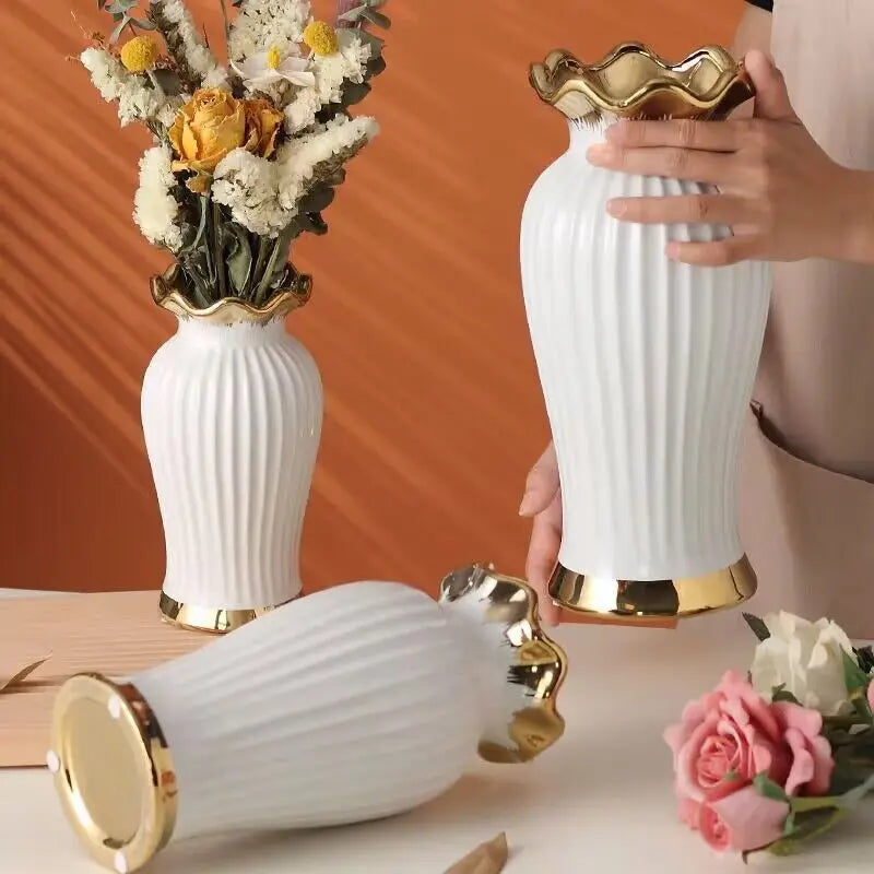 Vase en céramique Simple, ancre dorée, bouche de feuille de lotus, décoration d'eau créative, décoration de table à manger de salon