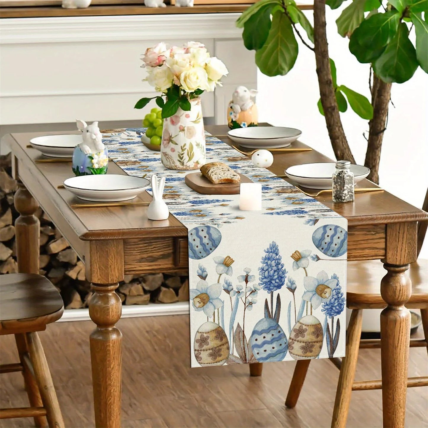 Easter Blue Eggs Flowers Linen Table Runner Easter Decorations Spring Floral Botanical Table Runners Dresser Scarf Table Decor