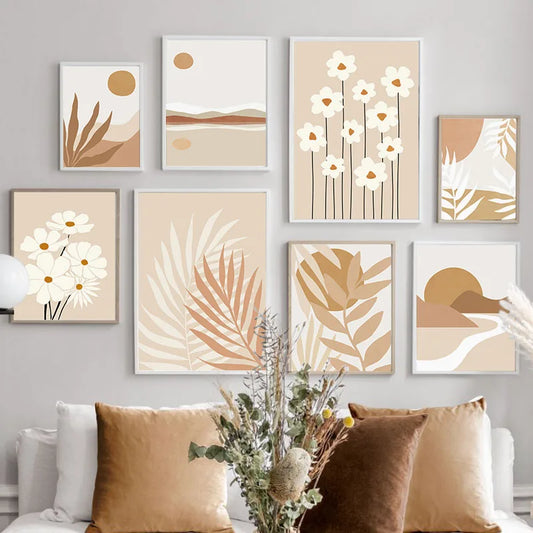 Bohemia Sun Lines Rainbow Leaf Flower Wall Art Canvas Painting Beige Posters and Prints Hotel Bar Pictures For Living Room Decor