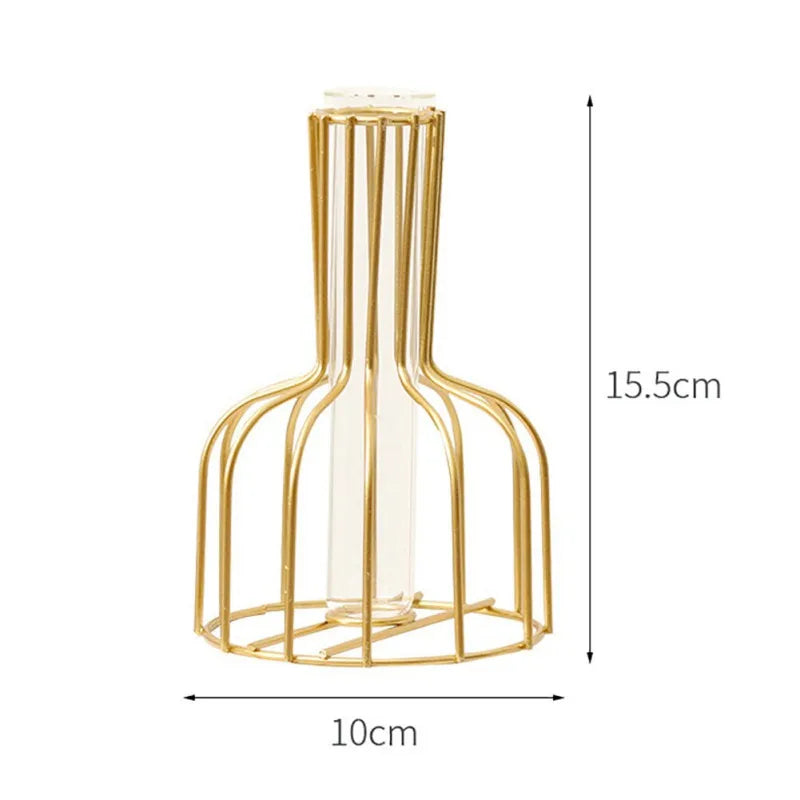 Nordic Creative Vase Home Decor Golden Glass Vase Hydroponic Geometric Glass Test Tube Metal Plant Holder Modern Home Decor
