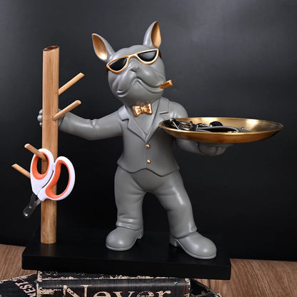 Black French Bulldog Statue with Wooden Rack Dog Butler with Metal Tray for Pearls and Jewels Holder Home Decor Ornaments