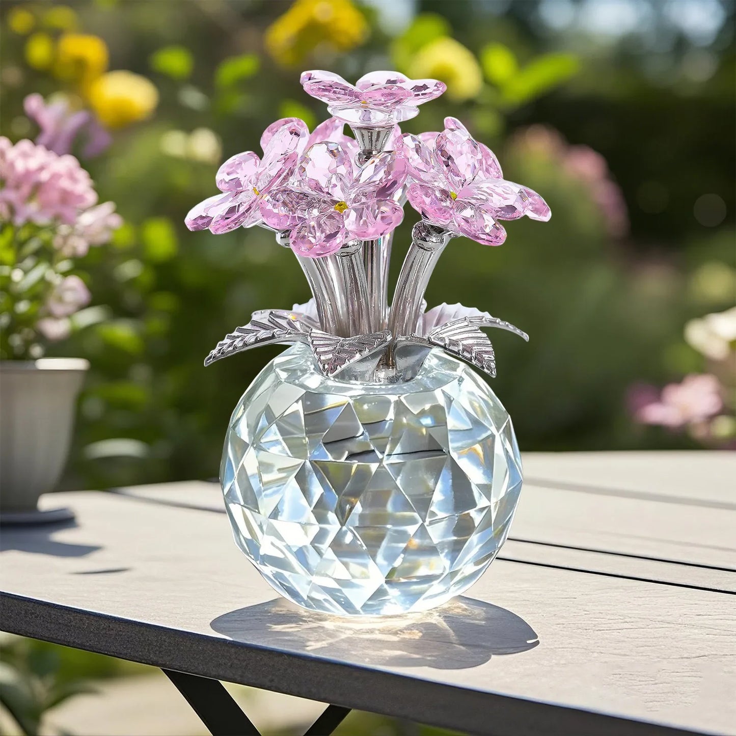 Crystal Bouquet with Round Vase Figurines Gifts for Women Glass Bouquet Ornament Romantic Gifts Table Centerpiece Home Decor