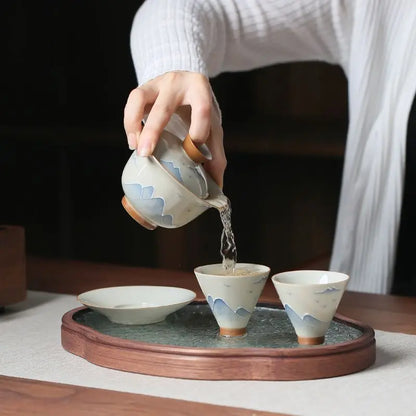Hand drawn grass gray ceramic underglaze colored mountain and water hat tea cup Kung Fu tea set tea drinking tea single cup