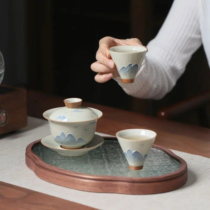 Hand drawn grass gray ceramic underglaze colored mountain and water hat tea cup Kung Fu tea set tea drinking tea single cup