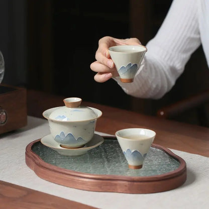 Hand drawn grass gray ceramic underglaze colored mountain and water hat tea cup Kung Fu tea set tea drinking tea single cup