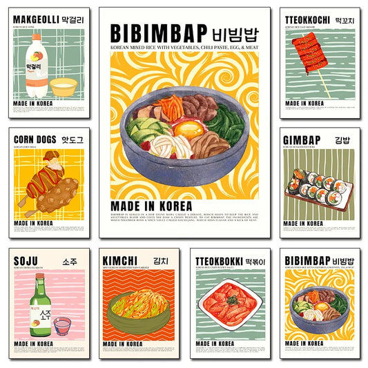 Retro Korean Colorful Food Kimchi Soju Makgeolli Cuisine Poster Canvas Printing Wall Art Picture for Kitchen Dinning Room Decor