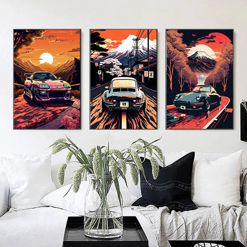 Toile de peinture de voiture rétro, mont Fuji, coucher de soleil japonais, affiches murales de paysage, salon, intérieur, images imprimées, décoration de la maison