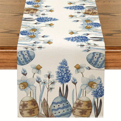 Easter Blue Eggs Flowers Linen Table Runner Easter Decorations Spring Floral Botanical Table Runners Dresser Scarf Table Decor