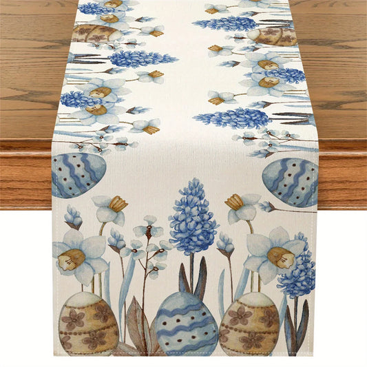 Easter Blue Eggs Flowers Linen Table Runner Easter Decorations Spring Floral Botanical Table Runners Dresser Scarf Table Decor