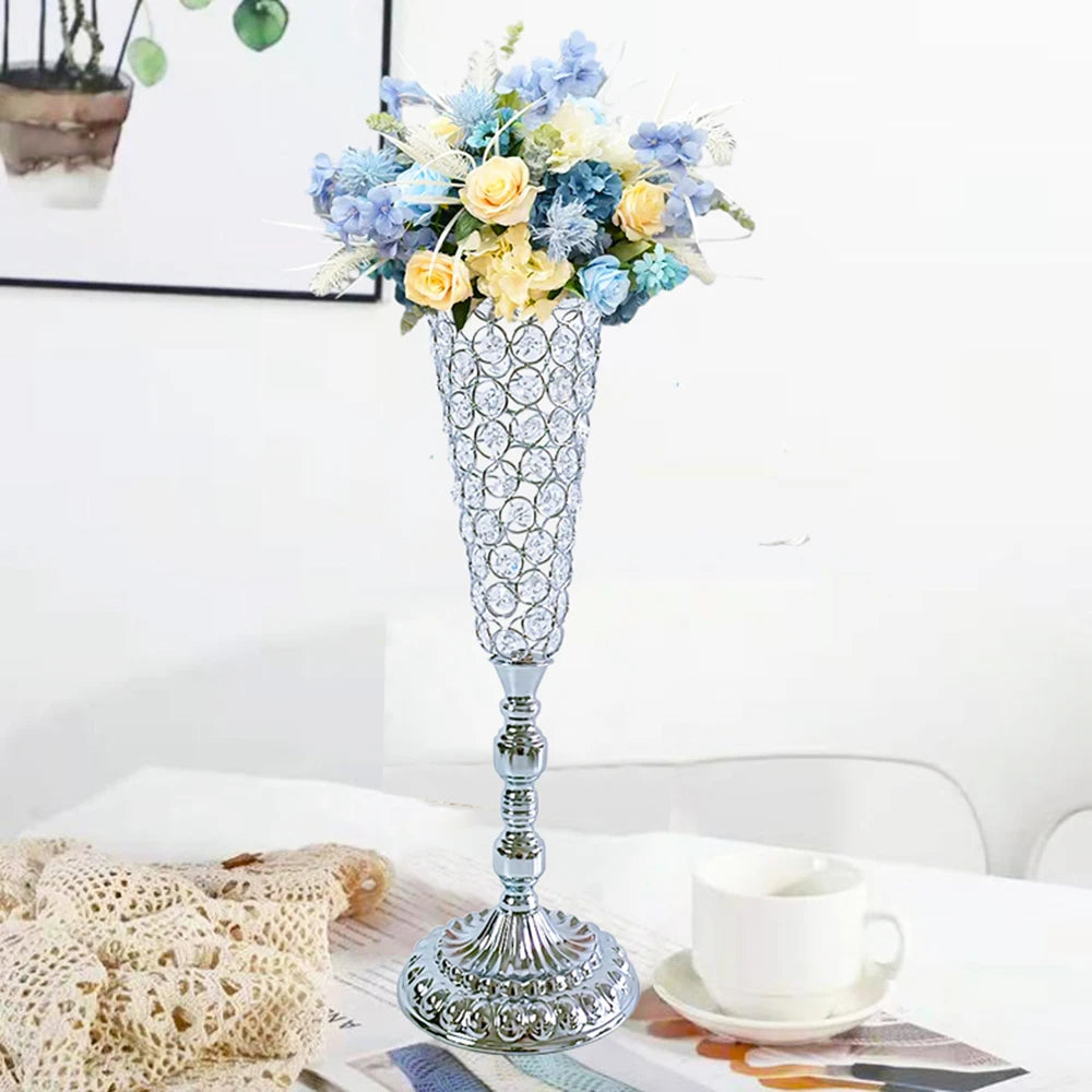 1Pcs Wedding Centerpiece Table Decorations -Silver Vase for Centerpieces with Chandelier Crystals,Wedding Metal Flower Stand
