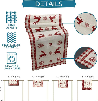 Christmas Elk Deer Snowflake Linen Table Runner Table Decor Winter Xmas Reindeer Plaid Dining Table Runners Christmas Decoration