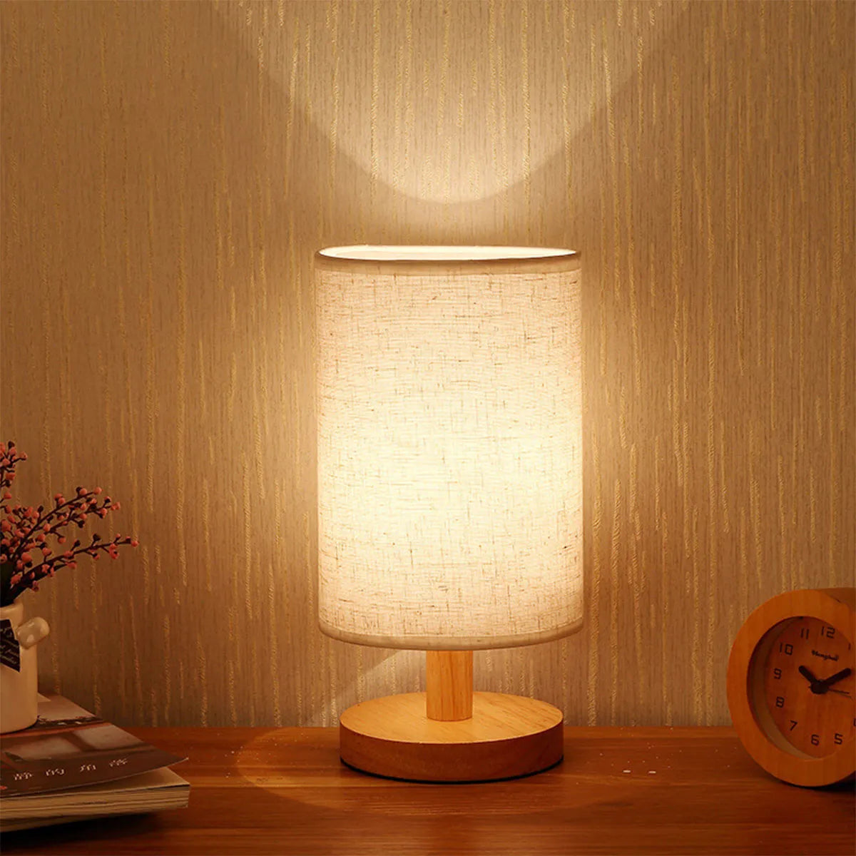 Lampe de chevet USB veilleuses lampe de Table pour chambre lampe de bureau en bois veilleuse de chevet avec abat-jour cylindrique décor à la maison