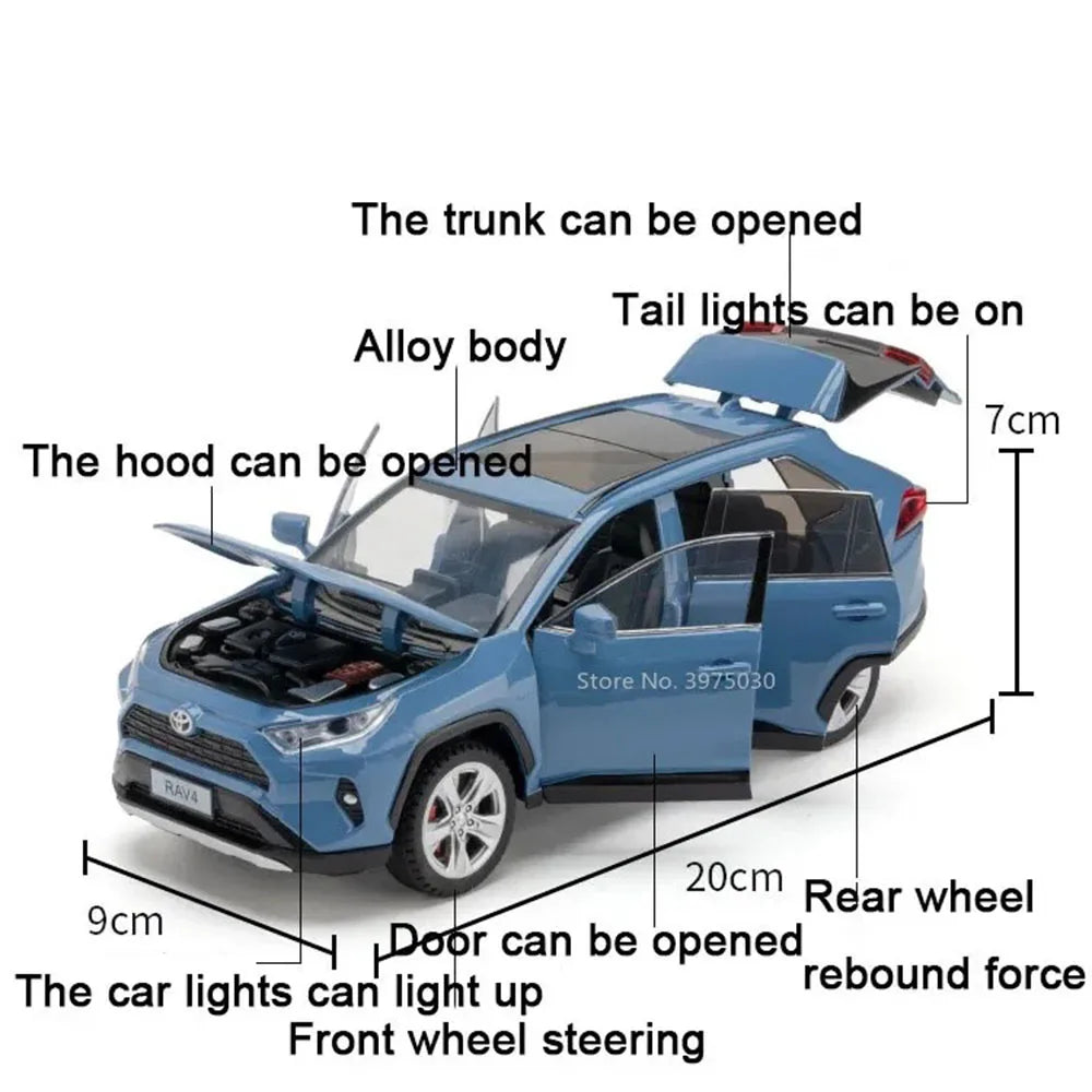 1:24 Camry RAV4 Models Cars Toys Rubber Tires Miniature Vehicles 6 Doors Opened with Light Music Car for Child Festival Gifts