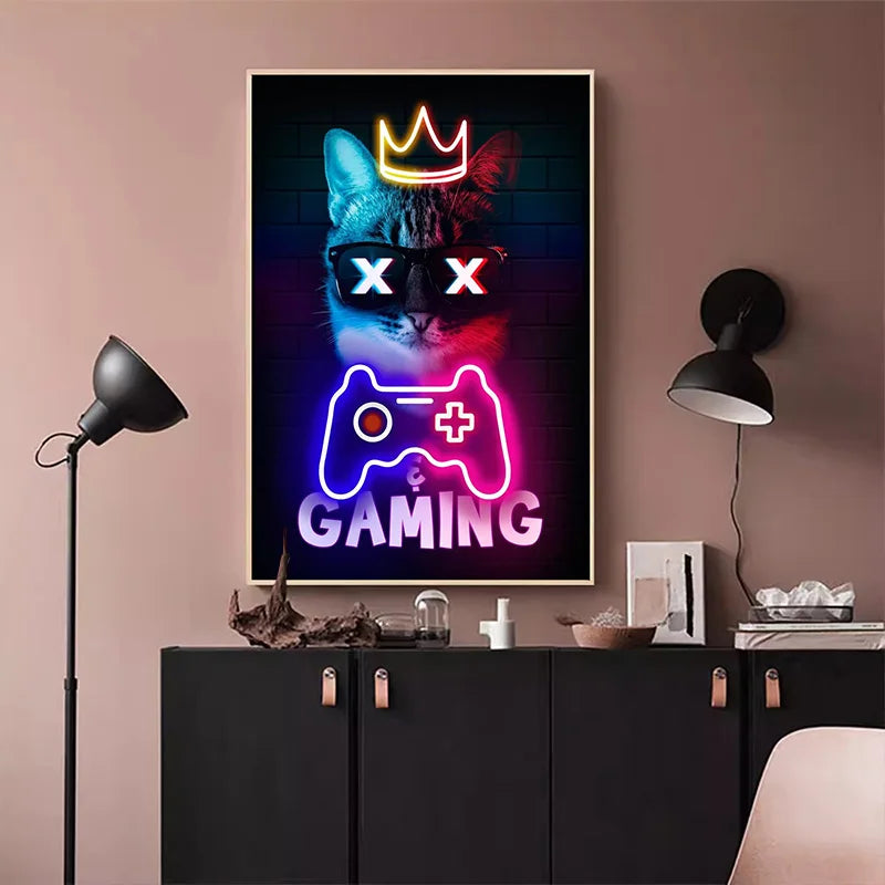 Nordic Neon Cat and Gaming Controller Quotes HD Posters Canvas Painting for Wall Art Mural Gamer Boys Girls Room Decor No Lights