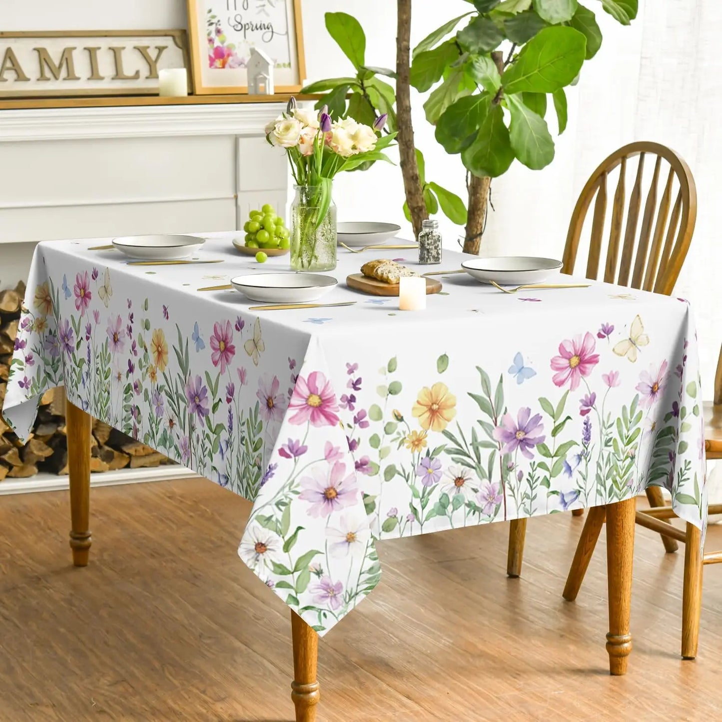 Spring Wildflowers Florals Butterfly Waterproof Tablecloth Wedding Party Dcor Washable Rectangle Table Cover Picnic Table Decor