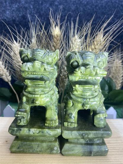 1 Pair of Chinese Mainland Green Jade hand-Carved Objects Aura Feng Shui Gatekeeper Town House Lion Office Decoration Home Decor