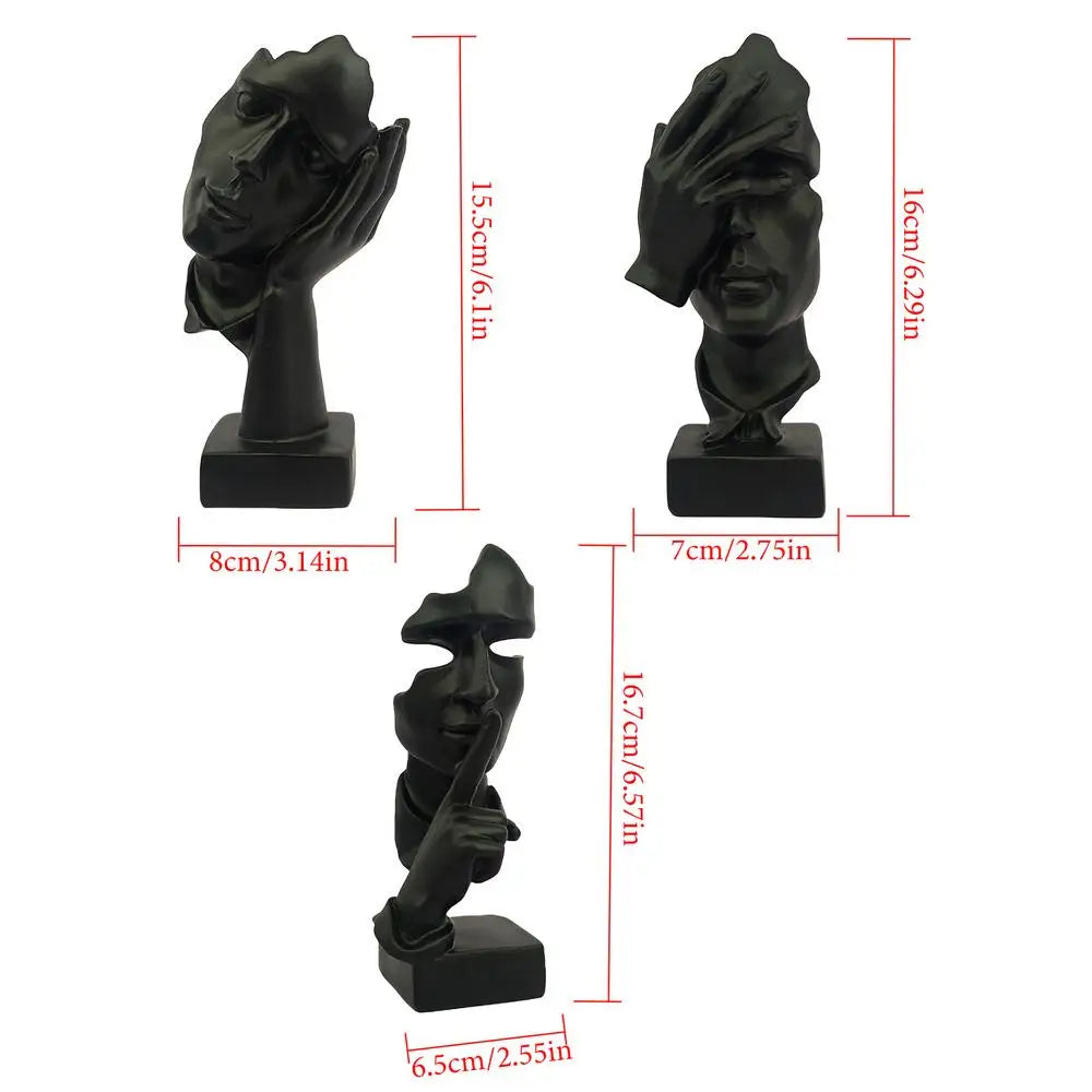 Black Thinker Statue 3pcs Modern Home Collection Statues Abstract Facial Art Resin Ladies Thinker Figurines Set For Living Room