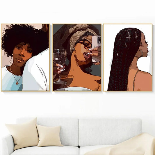 Toile de peinture de fille noire à la mode, Salon de coiffure, Champagne, affiches et imprimés d'art mural, décorations de maison