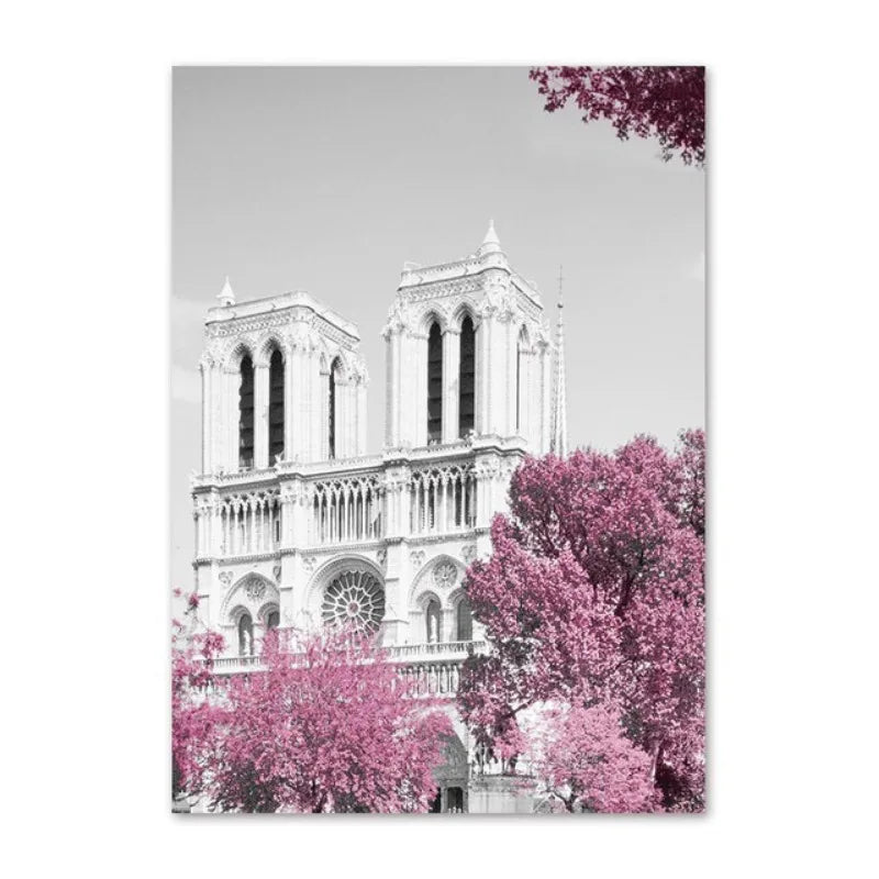 Paris Flower France City Building Posters and Prints Castle Pink and Black Wall Art Nordic Canvas Painting Pictures Room Decor