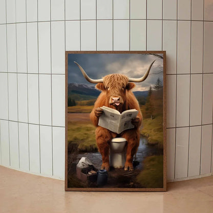 Highland Cow Sheep Mouse Sitting on The Toilet Reading Newspaper Poster Animal Print Canvas Painting Funny Bathroom Wall Decor
